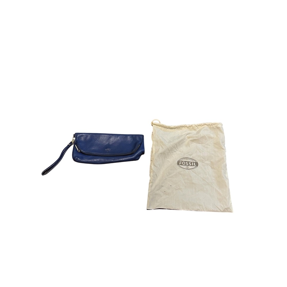 Fossil Blue Pebbled Leather Foldover Wristlet Clutch Bag with Dust Bag